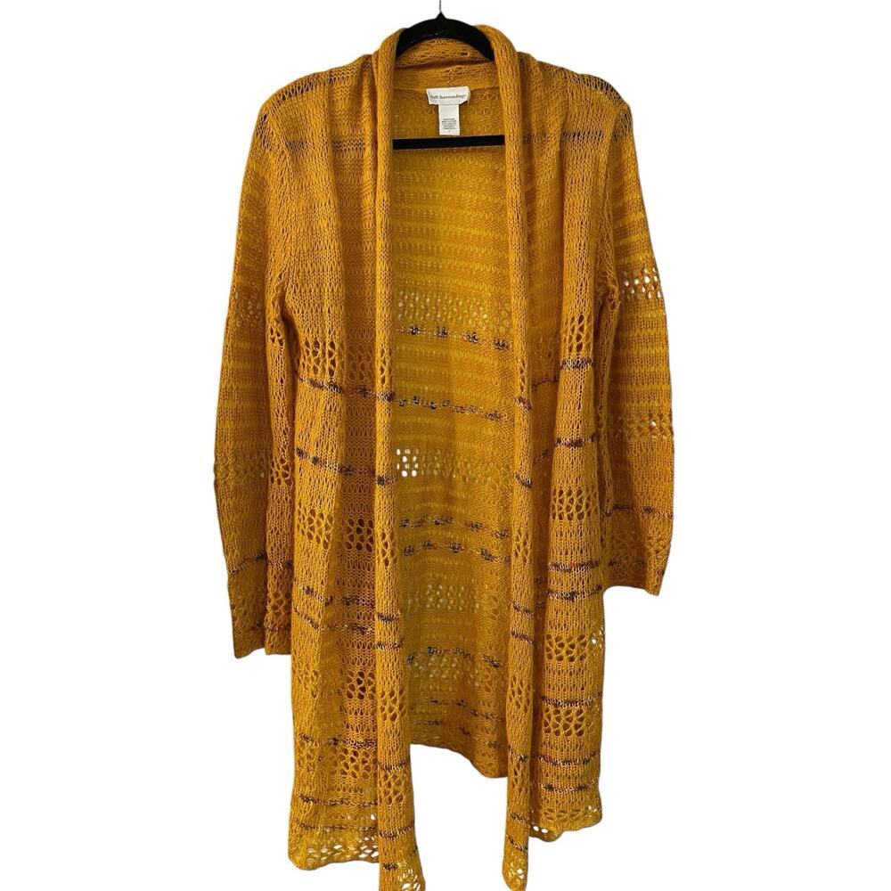 Soft Surroundings Longline Cardigan Sweater Womens M Yellow Open Knit Wool Blend